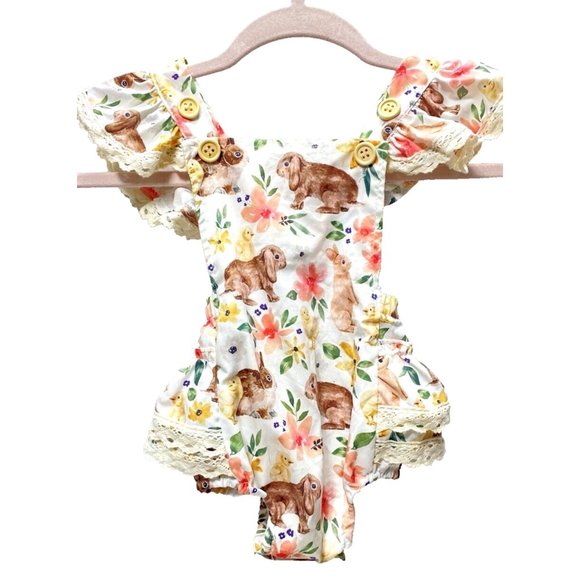 Baby One Piece Cute Romper Easter Theme with Bunnies/Flowers Brand New - Picture 1 of 12